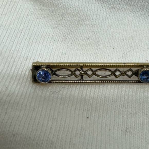 Antique Art Deco Solid 14K Gold and Blue Topaz Bar Pin - Picture 2 of 14